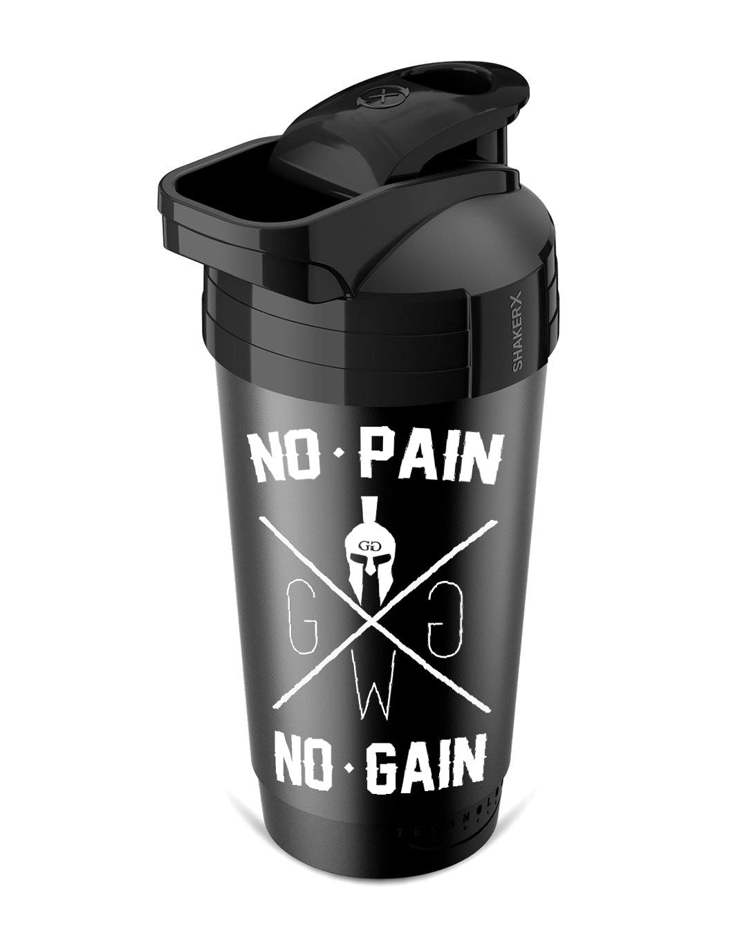 Seitenansicht des Protein Shakers mit No Pain No Gain Design in Schwarz