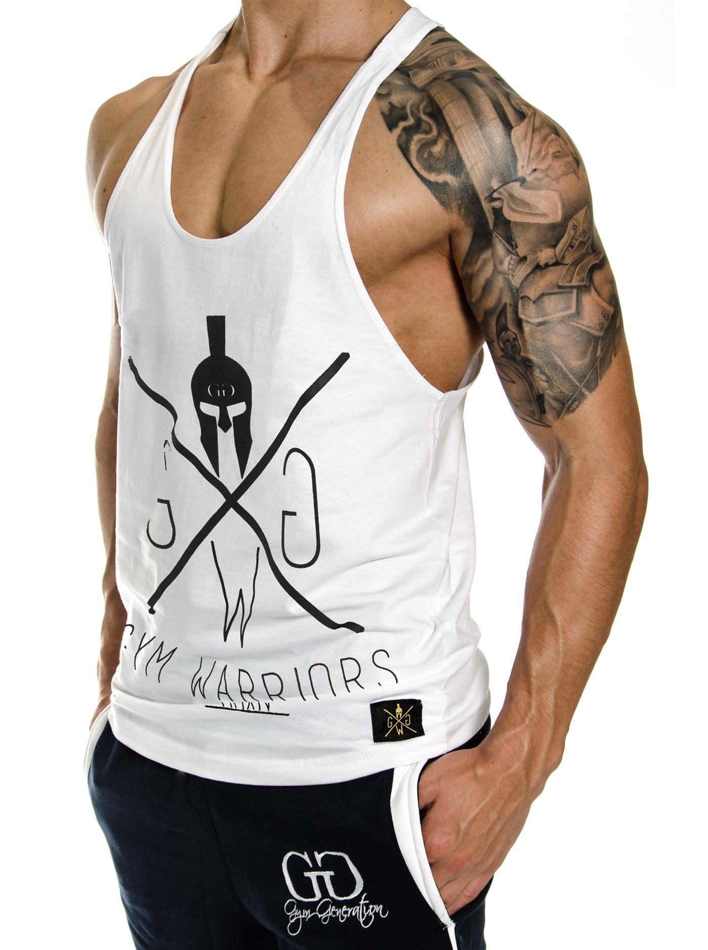 White men's stringer tank top with black Spartan logo for gym workouts.
