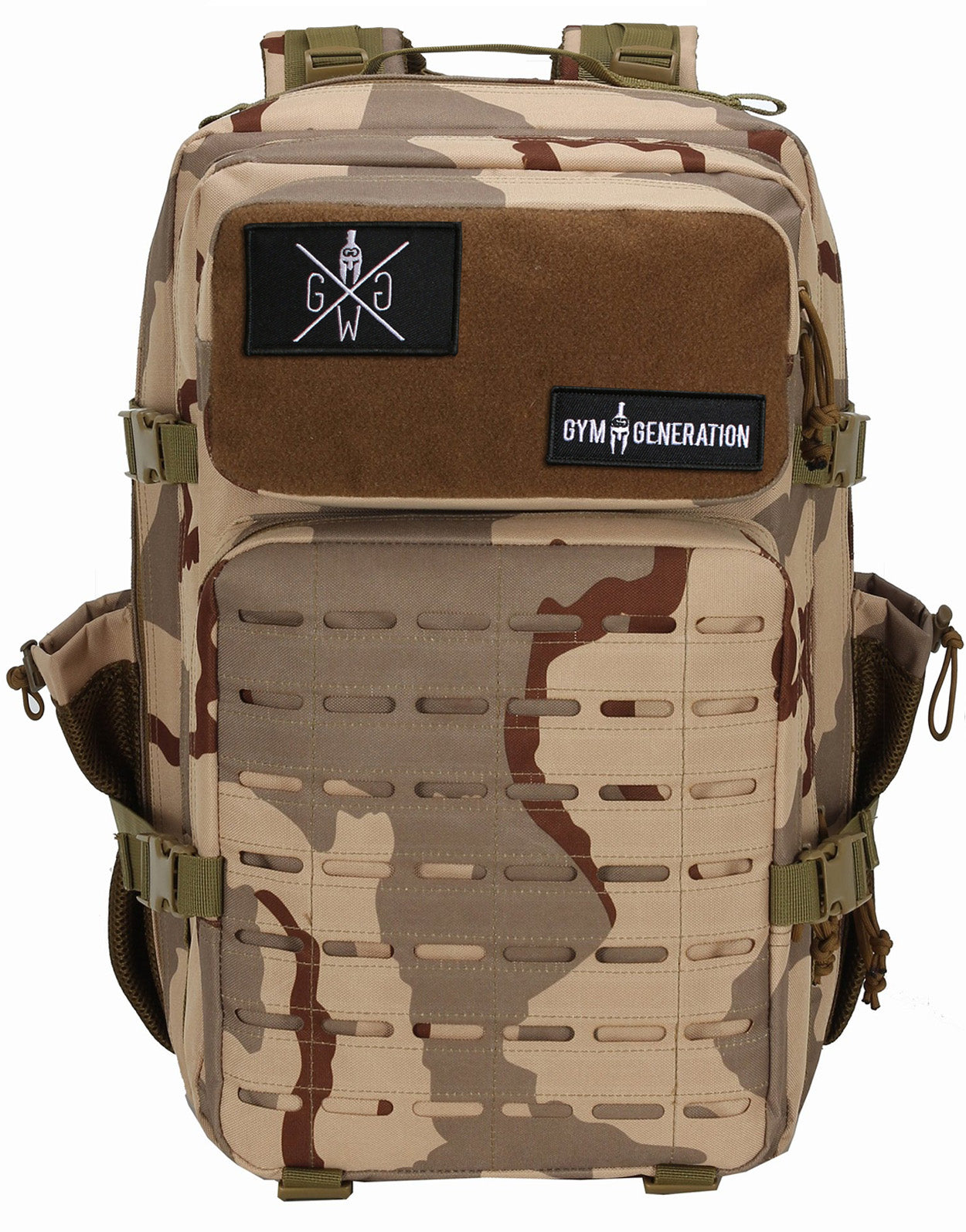 Camo Rucksack Desert Camo von Gym Generation – Robuster 45L Fitness- und Outdoor-Rucksack mit verstellbaren Gurten, spritzwassergeschütztem Polyester und vielseitigen Fächern.