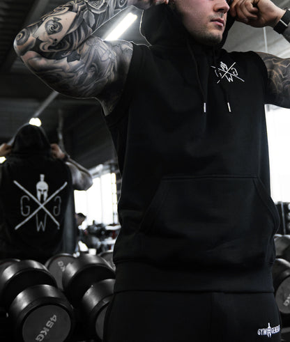 Schwarzer ärmelloser Fitness Hoodie – Gym Generation Sport Hoodie ohne Ärmel, perfekt für intensive Workouts, Gewichtheben und Outdoor-Training.