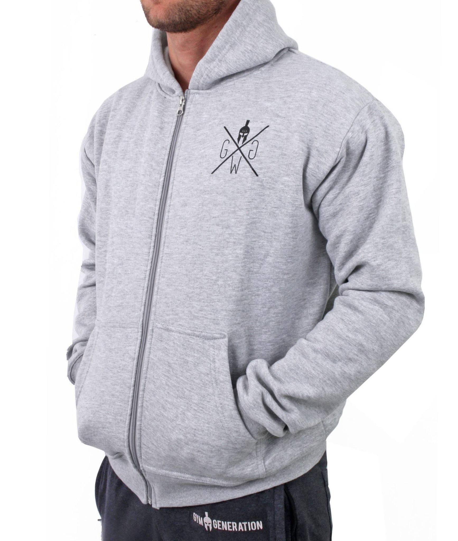 Herren Hoodie Grau mit Reissverschluss und Gym Generation Logo ideal für Gym und Outdoor-Aktivitäten
