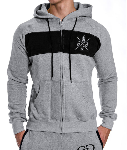 Grauer Hoodie von Gym Generation – stylischer Herren Hoodie mit Reissverschluss, gesticktem Logo und Kontraststreifen, ideal für Fitness und Freizeit.