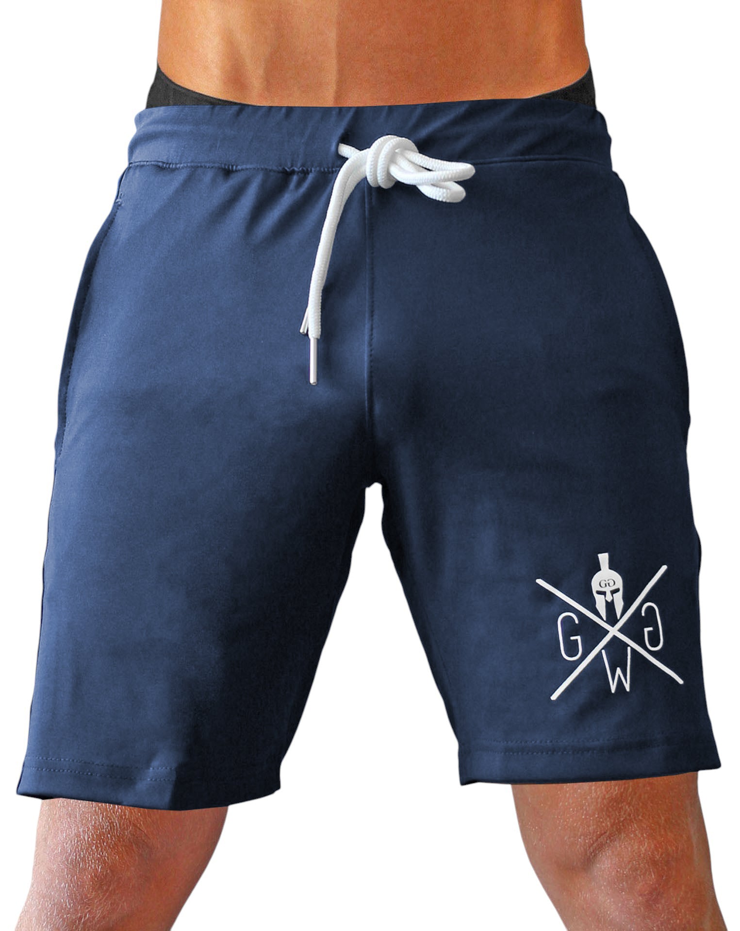 Gym Shorts Navy Blau von Gym Generation – Hochwertige Sporthosen mit flexiblem Material, praktischen Taschen und sportlichem Spartaner-Logo, ideal für Training und Freizeit.