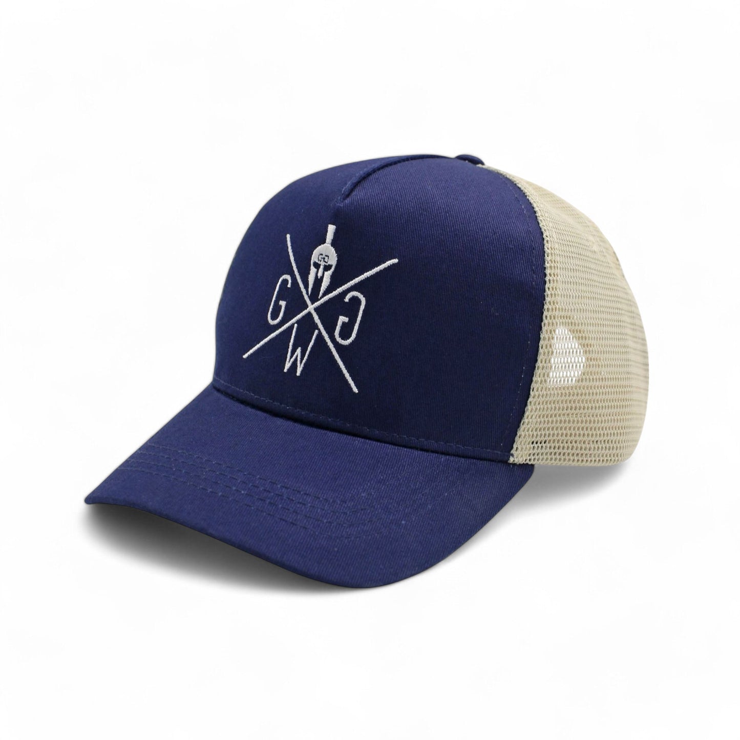 Blaues Herren-Trucker Cap von Gym Generation mit Mesh-Panel und präziser Stickerei – hochwertiger Look für einen aktiven Lifestyle.