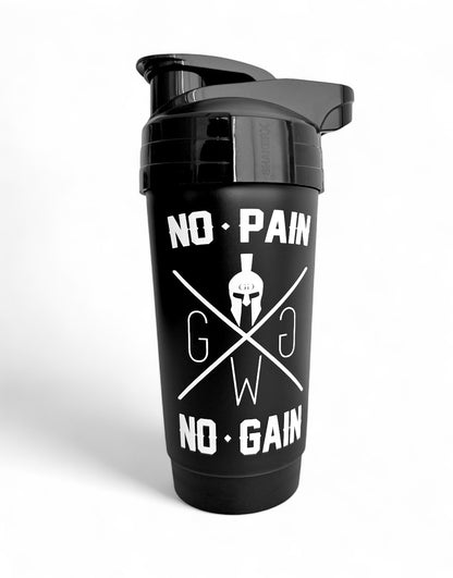 Protein Shaker Schwarz – No Pain No Gain Shaker von Gym Generation, für Protein-Drinks und Booster, langlebig und perfekt für das Gym.