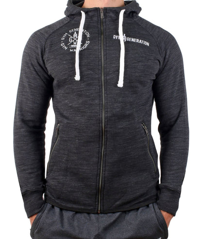 Fitness Hoodie Herren Schwarz Meliert mit modernem Design und praktischem Reißverschluss für maximale Funktionalität.