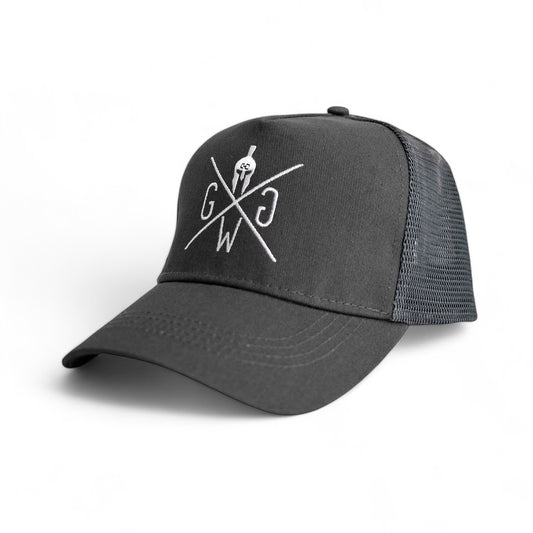 Gym Generation Trucker Cap in Dunkelgrau mit atmungsaktivem Mesh-Rückenteil und gesticktem Logo-Design – perfekt für Training und Freizeit.