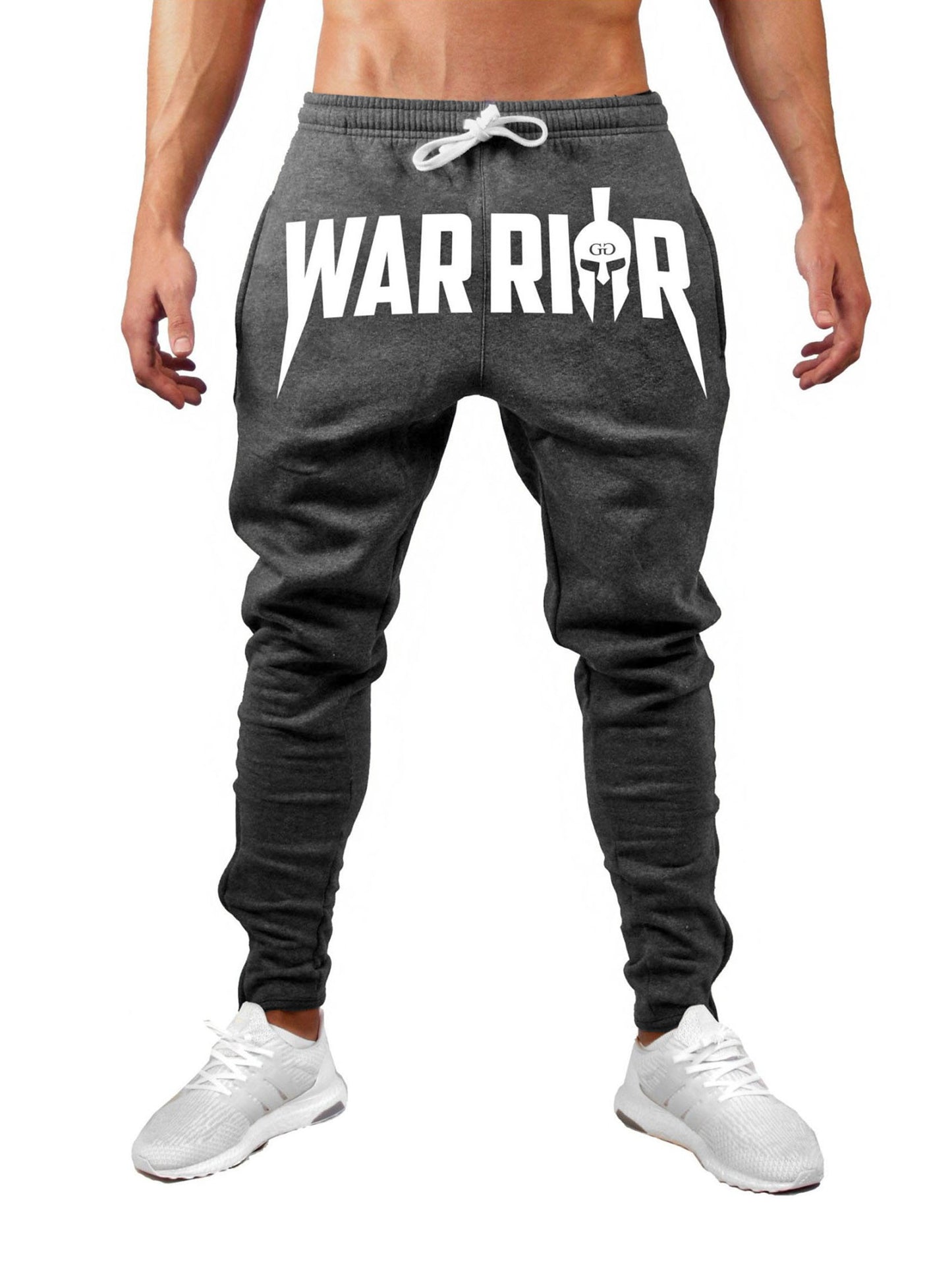 Stylische Gym Generation Herren Gym Hose in Dunkelgrau mit weißem 'Warrior' Aufdruck für Workouts