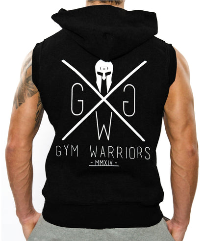 Ärmelloser Gym Hoodie für Herren in Schwarz mit "Gym Warriors" Logo, ideal für Workouts
