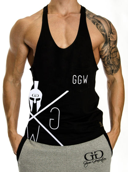 Schwarzes Stringer Tanktop mit weißem Spartaner Logo und Brusttasche