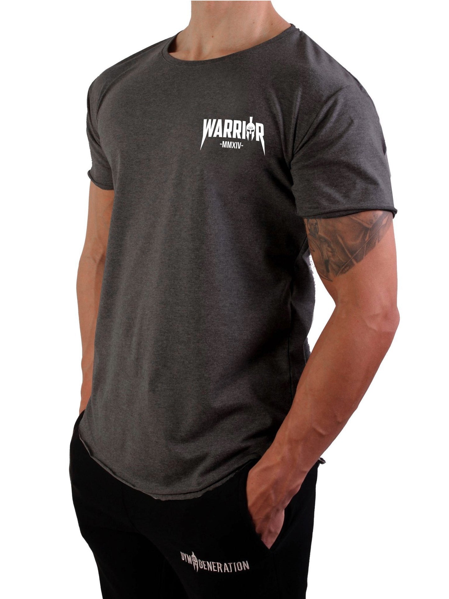 T-Shirt für Gym 'World' in Grau von Gym Generation, zeigt den Warrior-Druck und die Passform des Shirts.