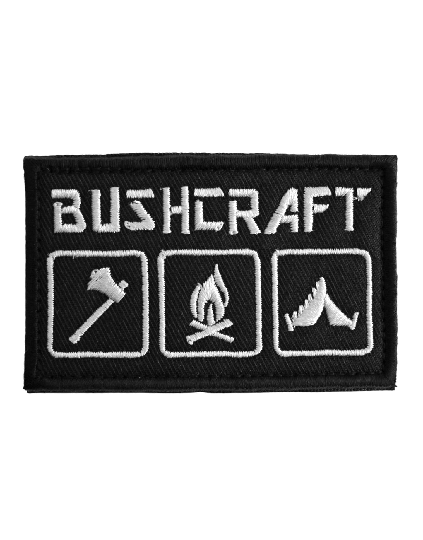 Bushcraft Patch in Schwarz – hochwertig gesticktes Design mit Symbolen für Axt, Lagerfeuer und Zelt. Perfekt für Outdoor-Enthusiasten, Survival-Fans und Abenteurer.