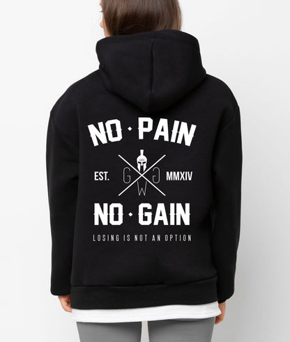 Damen Gym Hoodie Schwarz von Gym Generation – Stylischer Fitness Hoodie mit „No Pain No Gain“-Print, ideal für Training, Workouts und Freizeit.