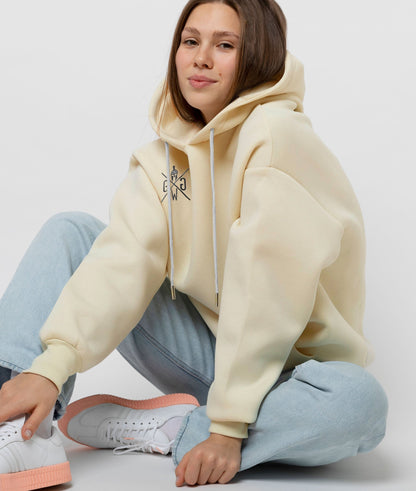 Damen Gym Hoodie Off-White von Gym Generation – Stylischer Fitness Hoodie mit lässigem Fit, Kapuze und Kängurutasche, ideal für Training und Freizeit.