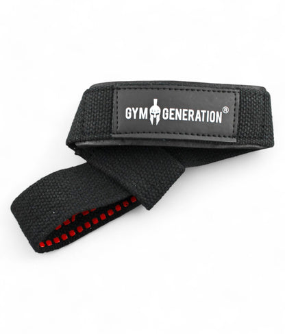 Gym Zughilfen mit stilvollem Design – rutschfestes Schwarz-Rot-Material mit "GRIP STRAP"-Schriftzug und Gym Generation Logo, ideal für anspruchsvolle Workouts.