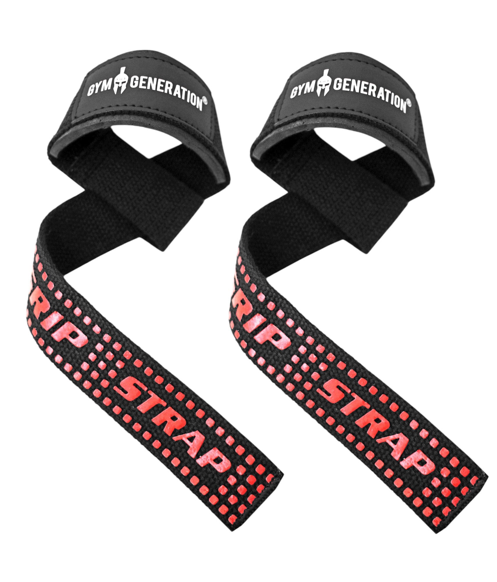 Fitness-Zughilfen von Gym Generation – Schwarz-Rote Zughilfen mit "GRIP STRAP"-Schriftzug und rutschfestem Design, ideal für Kreuzheben und Klimmzüge.