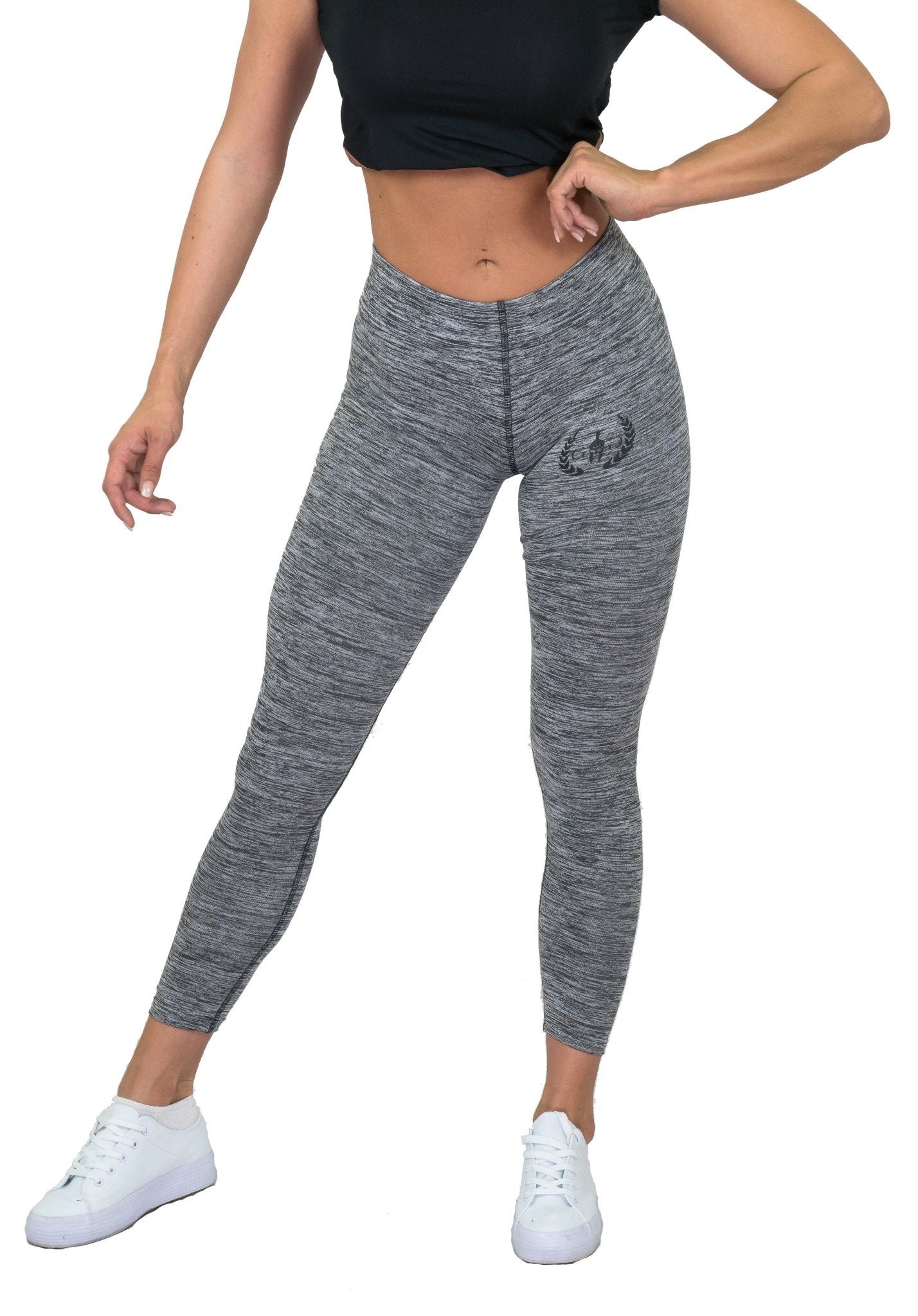 Vorderansicht der Fitness Leggings Liberty in Grau von Gym Generation, ideal für Workouts und Freizeit.