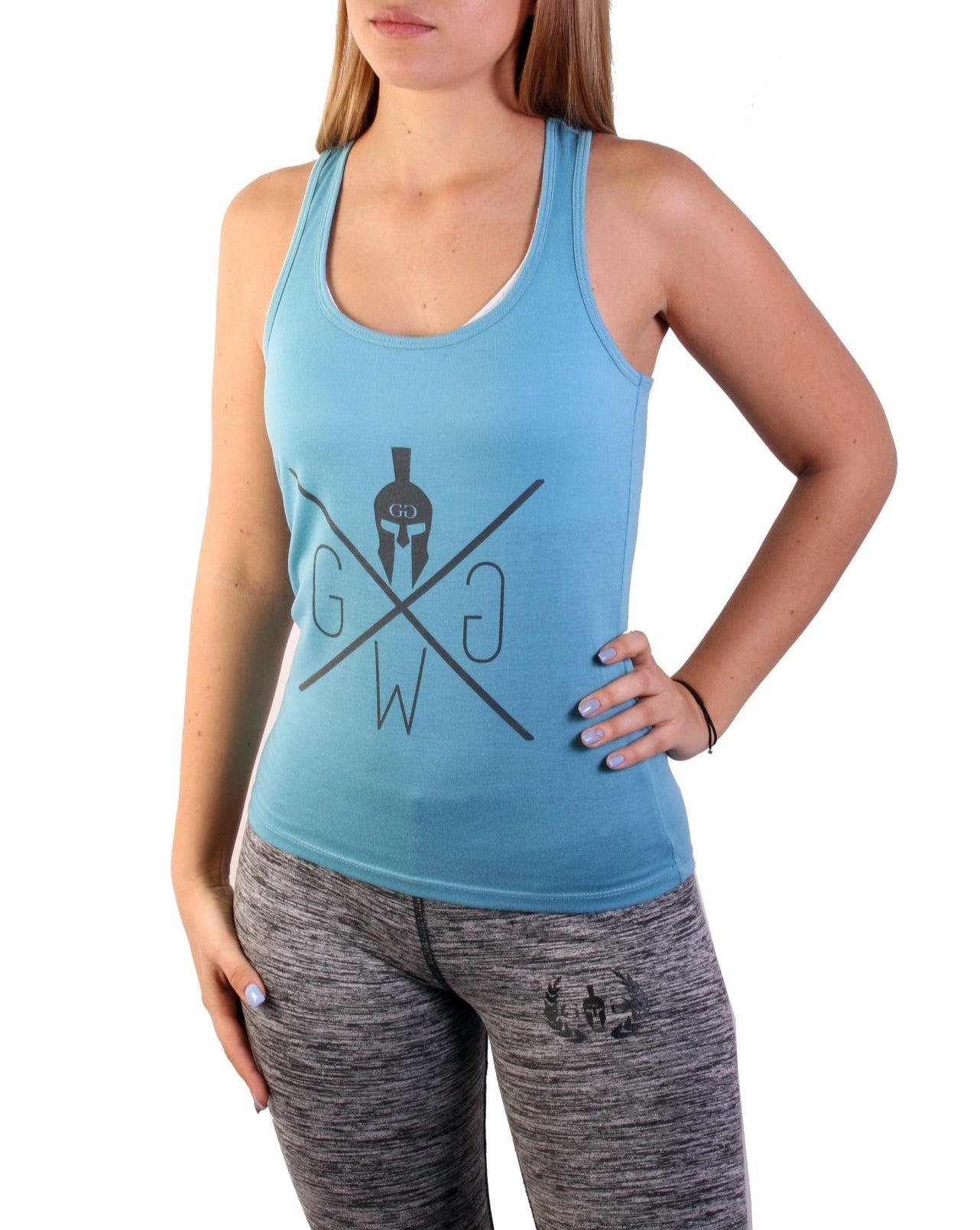 Gym Generation Fitness Top Damen in Türkis – Frontansicht mit sportlichem Racerback-Design und figurbetonter Passform.