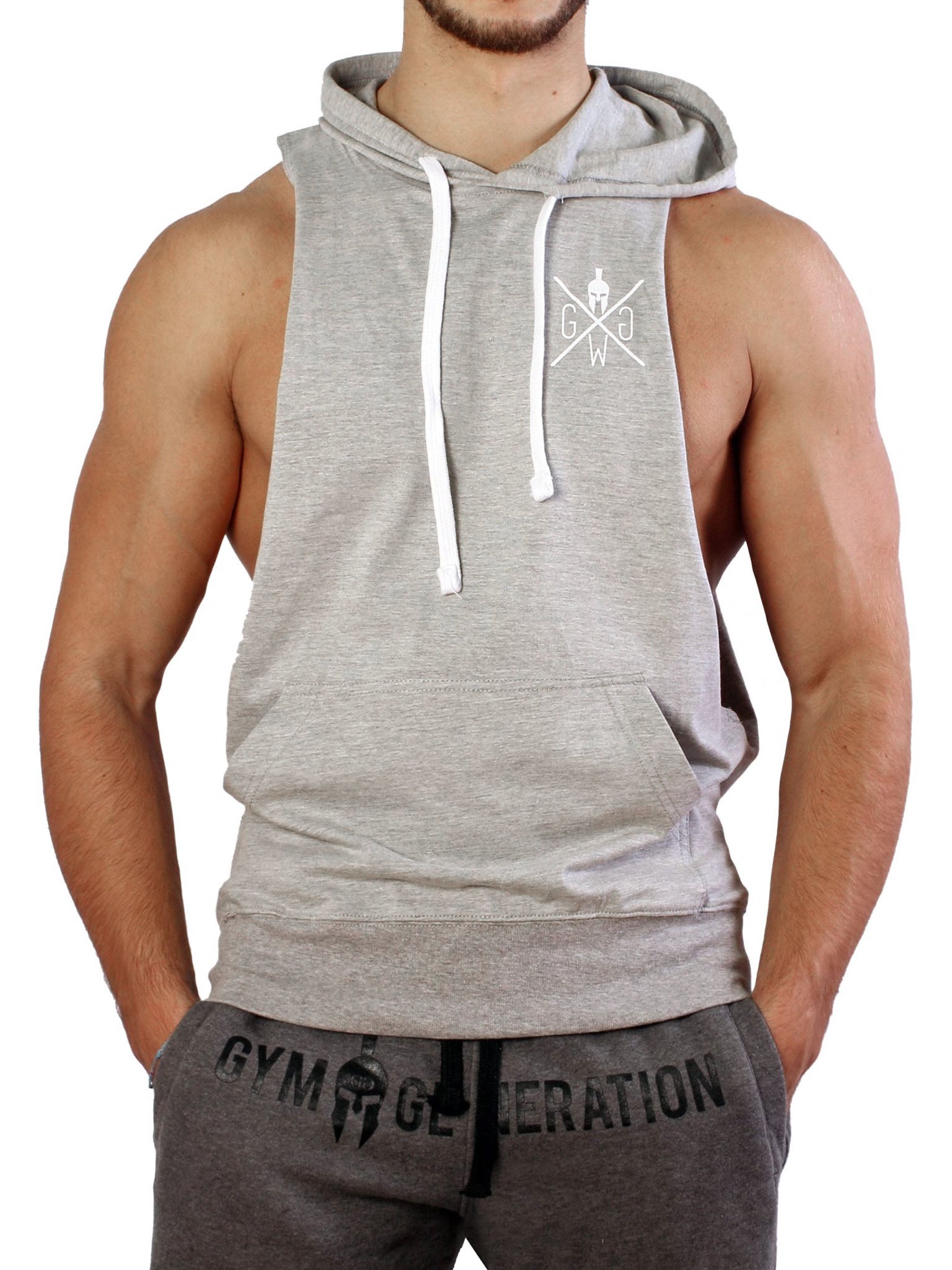 Gym Generation Kapuzen Tank Top 'Warrior 89' in Grau, Vorderansicht für stylische Sportbekleidung