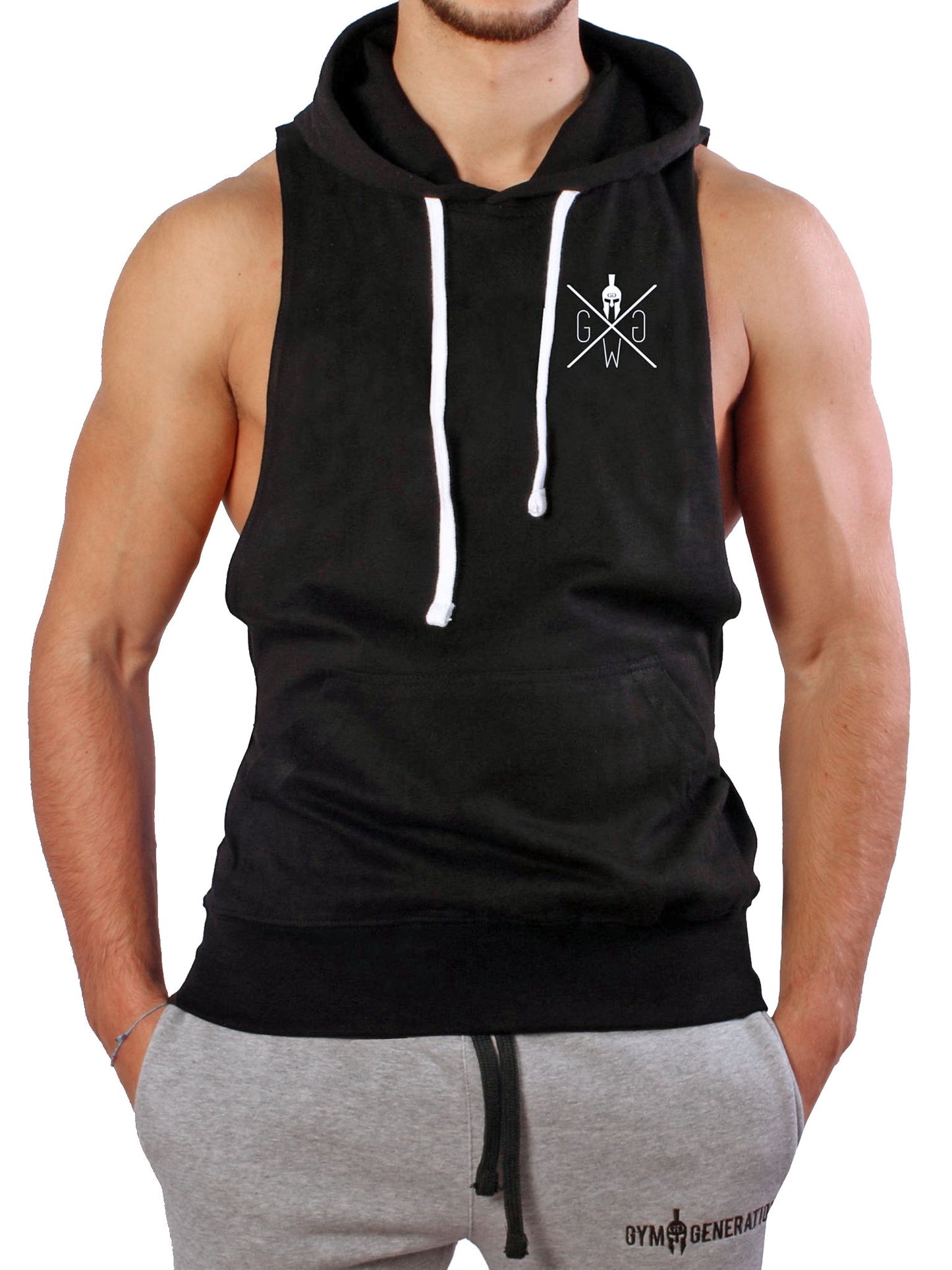 Man wearing a black Gym Generation hoodie tank top with a logo, paired with gray sweatpants, perfect for fitness, bodybuilding, and casual sportswear.