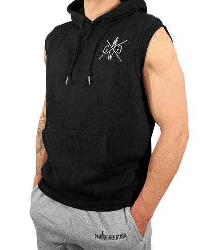 Sleeveless Gym Hoodie Herren Schwarz – Funktionaler und stylischer Hoodie mit Kängurutasche, Kapuze und großem Rückenprint für einen sportlichen Look.