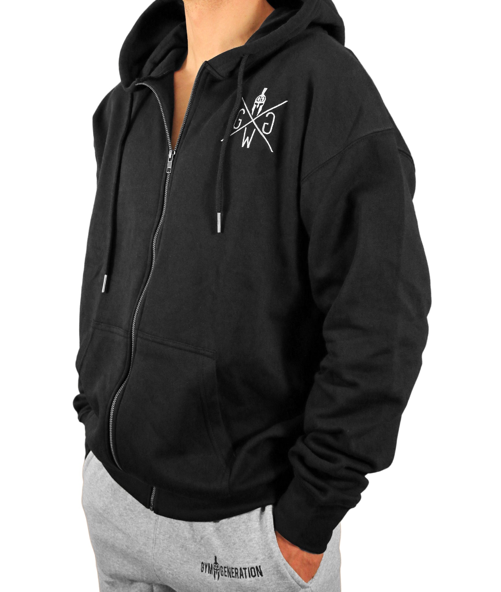 Reißverschluss Hoodie Schwarz – Gym Generation Sport Hoodie für Herren, mit elastischen Bündchen und individuellem Kordelzug für perfekten Sitz.