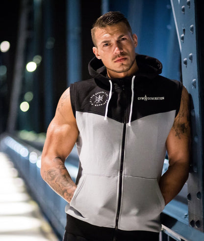 Ärmelloser Gym-Hoodie Herren in Schwarz und Grau mit Logo-Print, perfekt für Fitness und Streetwear.