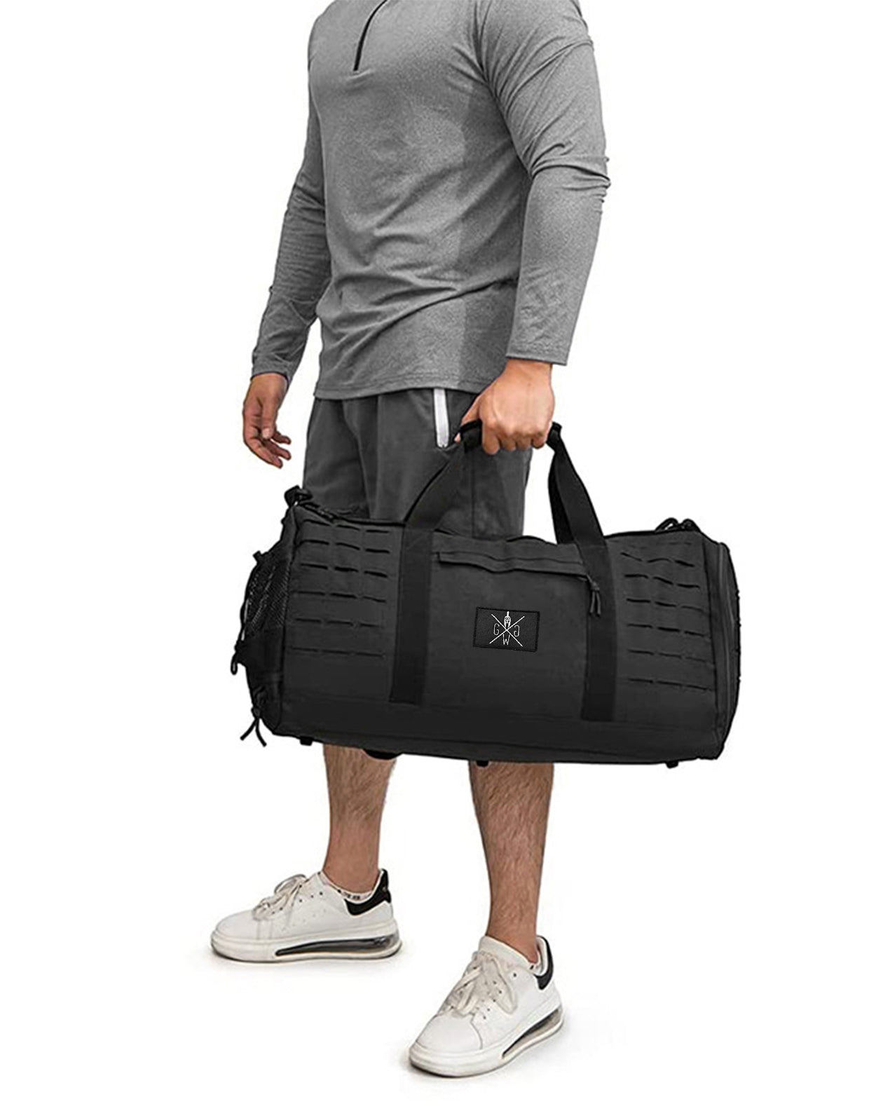 Fitness Sporttasche Schwarz – Gym Generation Tasche mit separatem Schuhfach, abnehmbaren Schultergurten und Spartaner-Patch, perfekt für Training und Alltag.