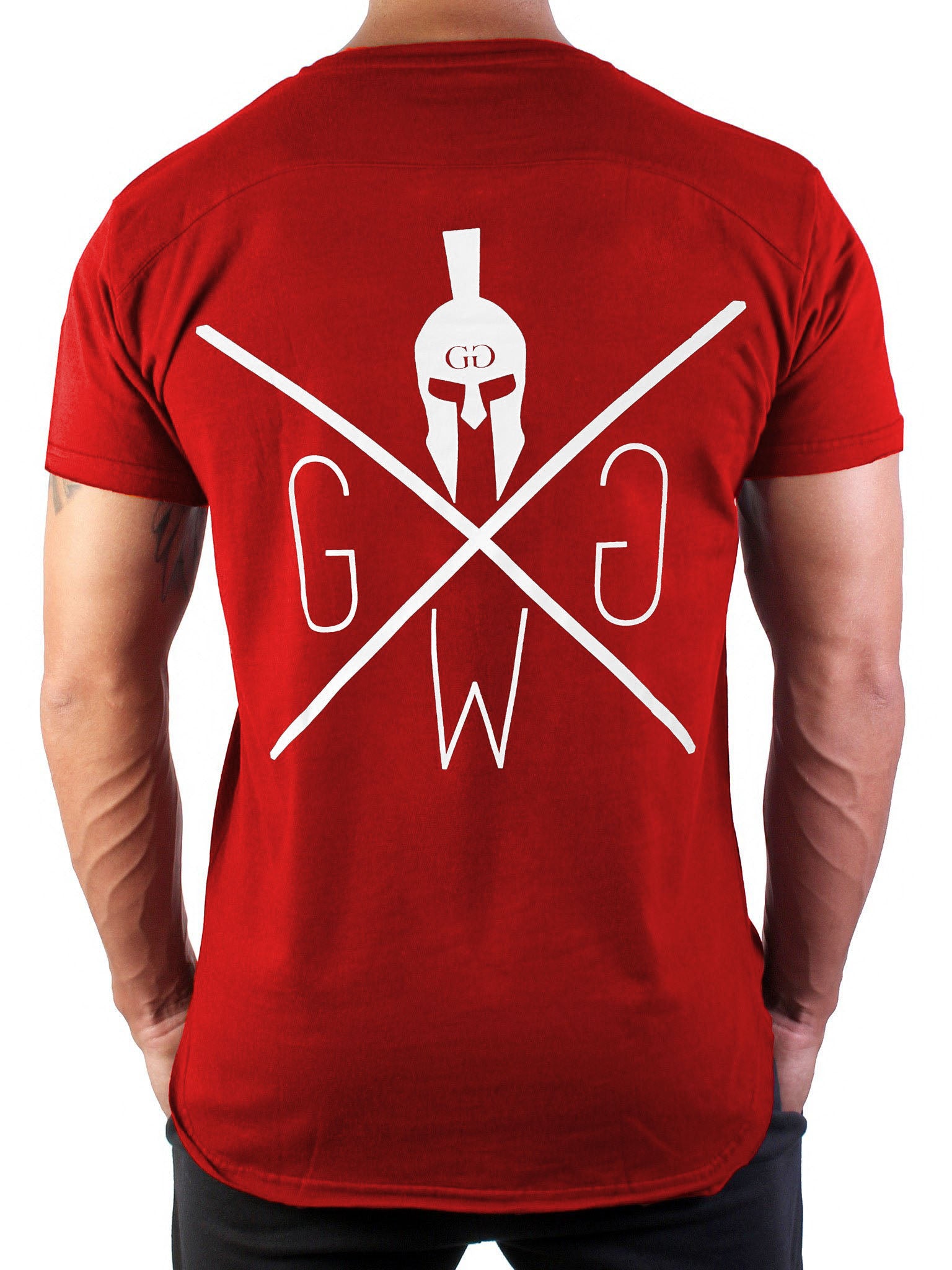 Rotes Gym T-Shirt von Gym Generation – hochwertiges Herren-Shirt aus 100% Baumwolle mit weissem Spartaner-Logo, ideal für Fitness und Freizeit.