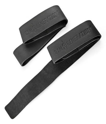 Fitness Zughilfen Schwarz Leder – Robuste und sichere Lifting Straps mit eingeprägtem Gym Generation Logo, ideal für schweres Krafttraining und Rückentraining.