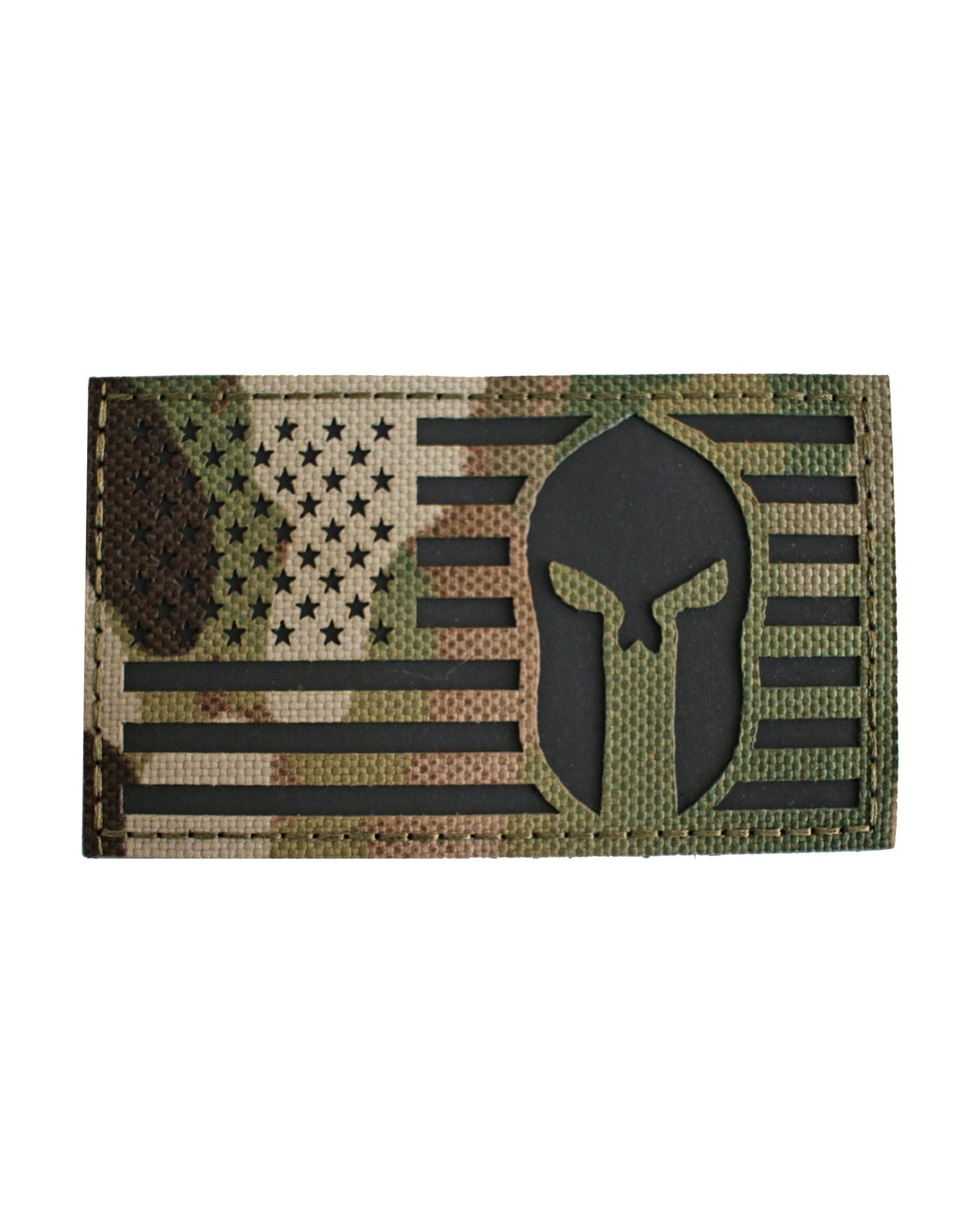 Tarnfarbenes Patch mit USA-Flagge und Spartaner-Helm – robustes und markantes Design, perfekt für taktische Kleidung, Rucksäcke und Outdoor-Ausrüstung.