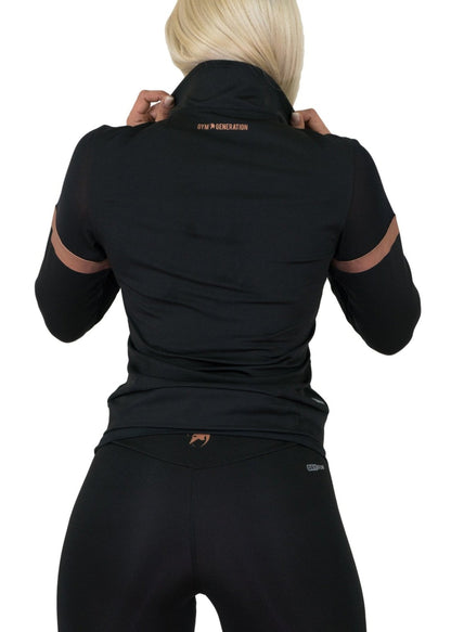 Mesh Fitnessjacke Damen Schwarz mit schweißableitendem Dry-Run® Material, perfekt für Yoga, Laufen und Gym.