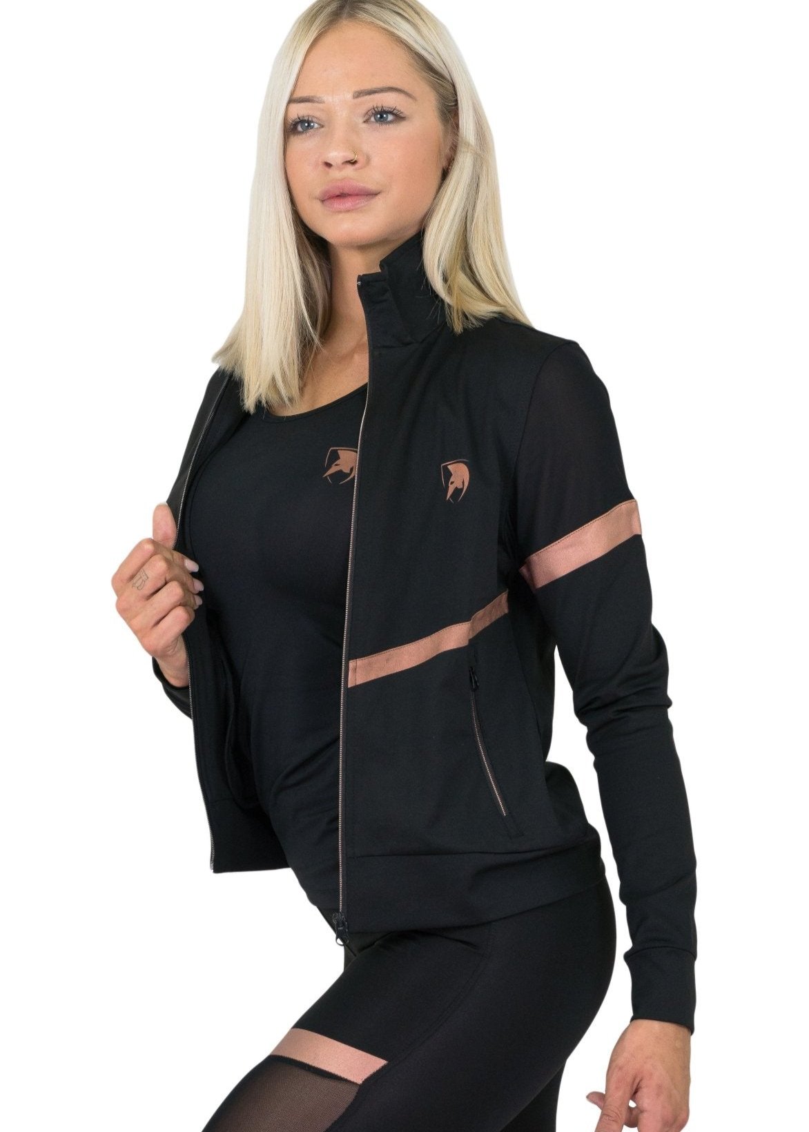 Damen Trainingsjacke Schwarz mit eleganten Rose Gold Akzenten und Mesh-Details für Gym und Freizeit.