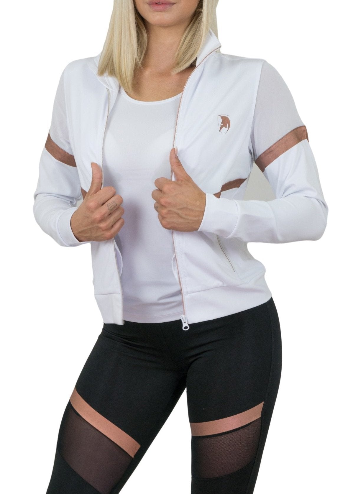 Elastische Fitnessjacke Damen Weiß mit modernem Design und Rose Gold Akzenten, ideal für Gym und Outdoor-Aktivitäten.