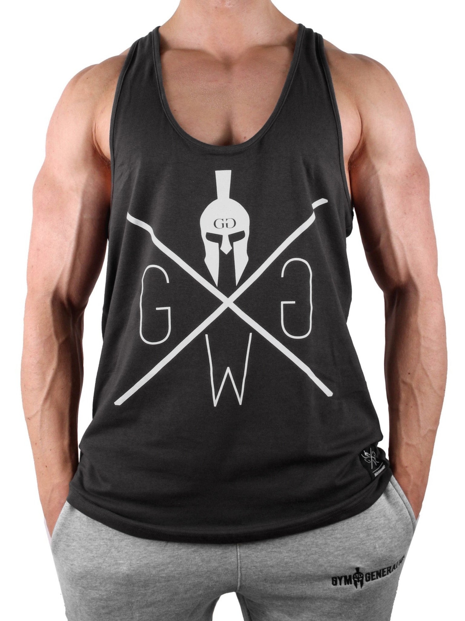 Dunkelgrauer Stringer Tank Top für Herren von Gym Generation – Vorderansicht