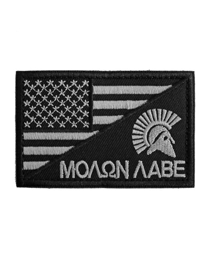 Schwarzes Patch mit USA-Flagge, Spartaner-Helm und „Molon Labe“-Schriftzug – hochwertig gesticktes Design, ideal für taktische Kleidung, Rucksäcke und Accessoires.