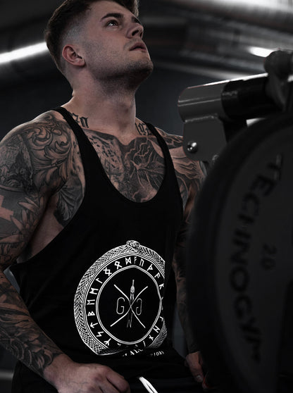 Viking-Logo Tank Top – Gym Generation Valhalla Stringer in Schwarz, atmungsaktiv und leicht, perfekt für Männer, die Stärke und Stil im Gym vereinen möchten.