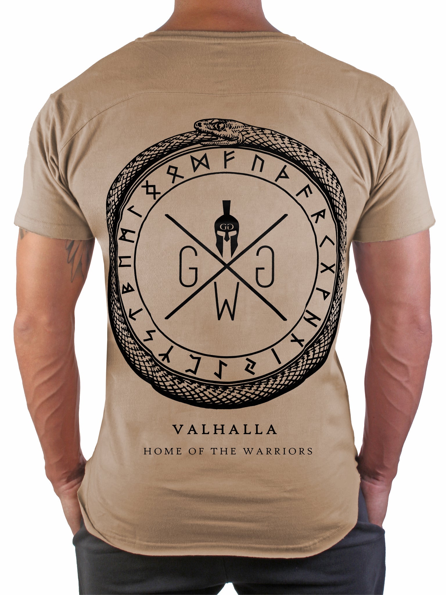 Gym T-Shirt Beige – Valhalla Edition von Gym Generation, aus 100% Baumwolle, mit einzigartigem Ouroboros-Design und nordischer Symbolik, ideal für Training und Freizeit.