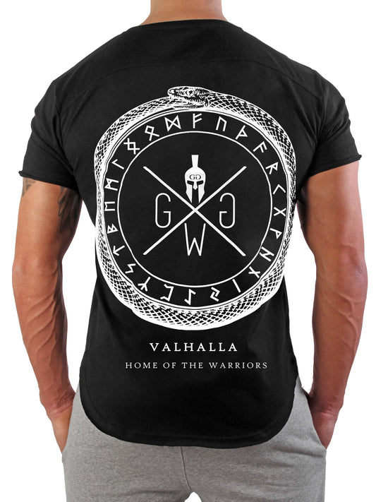 Valhalla T-Shirt Schwarz – Gym T-Shirt aus 100% Baumwolle, inspiriert von der nordischen Mythologie, für einen kraftvollen, sportlichen Look im Fitnessstudio oder Alltag.